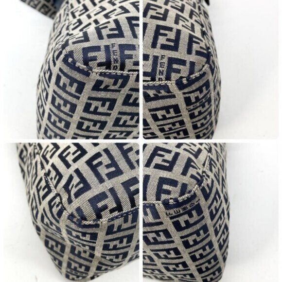Authentic FENDI Mamma Zucca Bucket Baguette Navy Tan Flap Bag Purse Tote FF - Picture 8 of 10